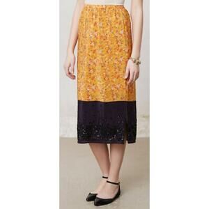 Maeve Anthropologie Yellow Silk Road Floral Beaded Midi Skirt Sz S 100% Silk